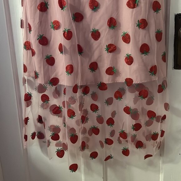 Strawberry V Neck Pink Red Long Sleeve Midi Dress - Picture 10 of 10